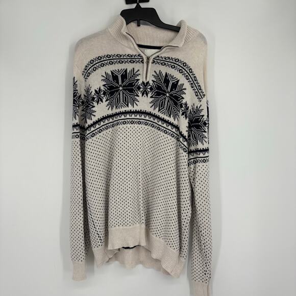 Aspen Sweater Men's Cream Fair Isle Snowflake 1/4 Zip Cotton Knit Pullover XL - Picture 1 of 7